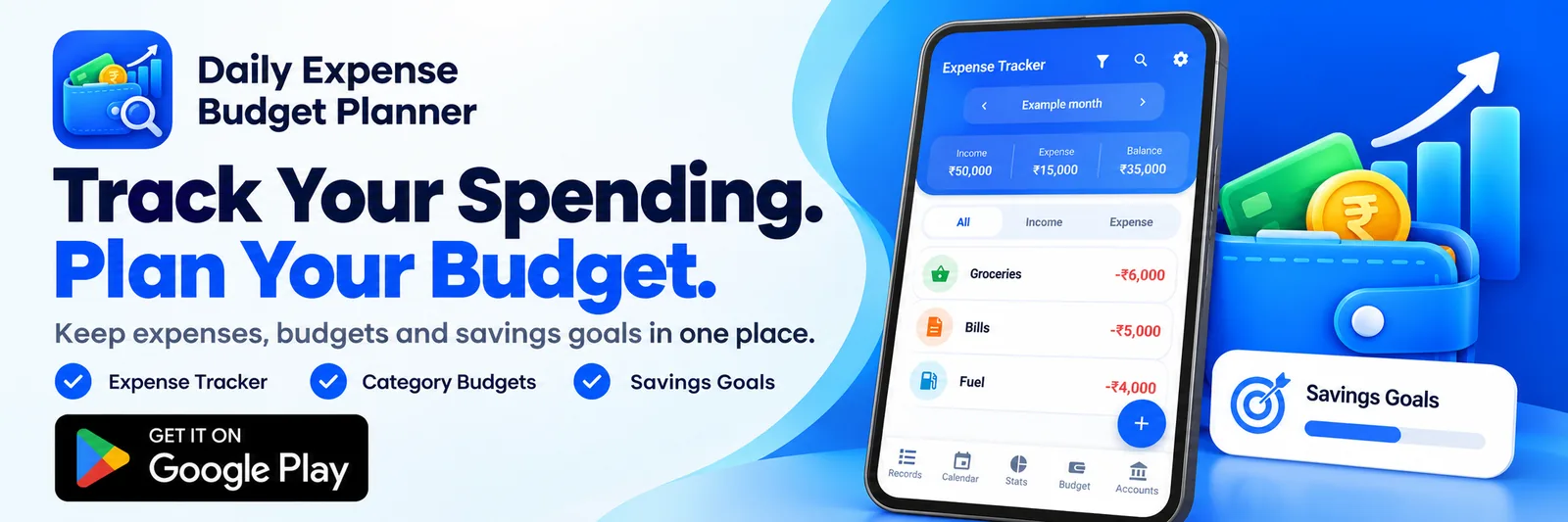 Daily Expense Budget Planner: track your spending, plan your budget. Get it on Google Play.